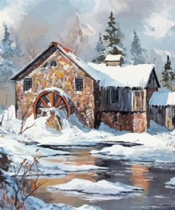 Winter Snow Grist Mill Paint By Numbers