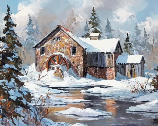 Winter Snow Grist Mill Paint By Numbers